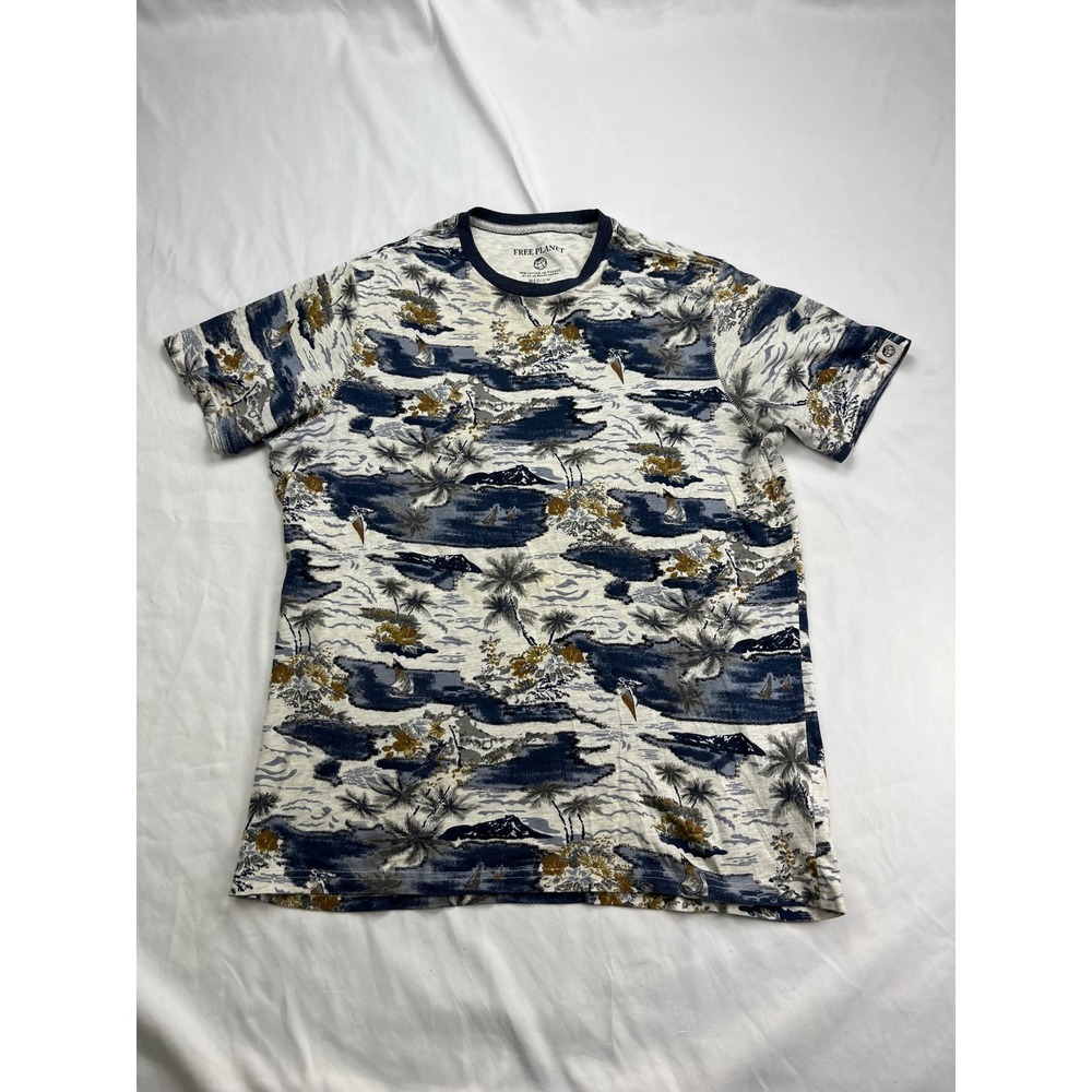 Free Planet Tropical Beach Surf Island‎ Print Blue Ringer T-Shirt